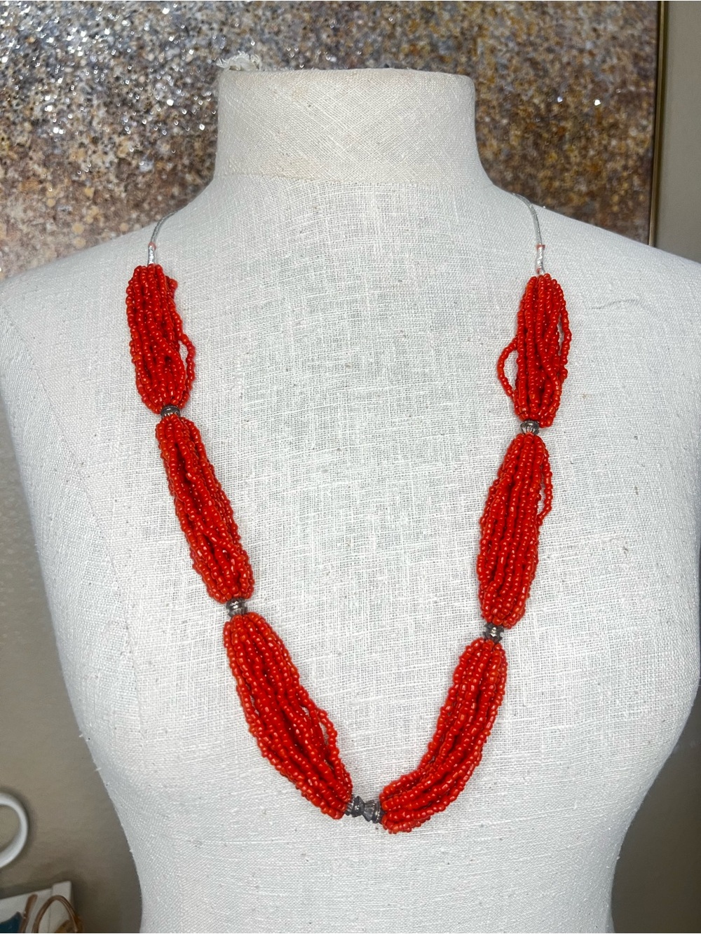 Vintage Tribal Red Seed Bead Multi Strand Necklace Adjustable Boho Statement